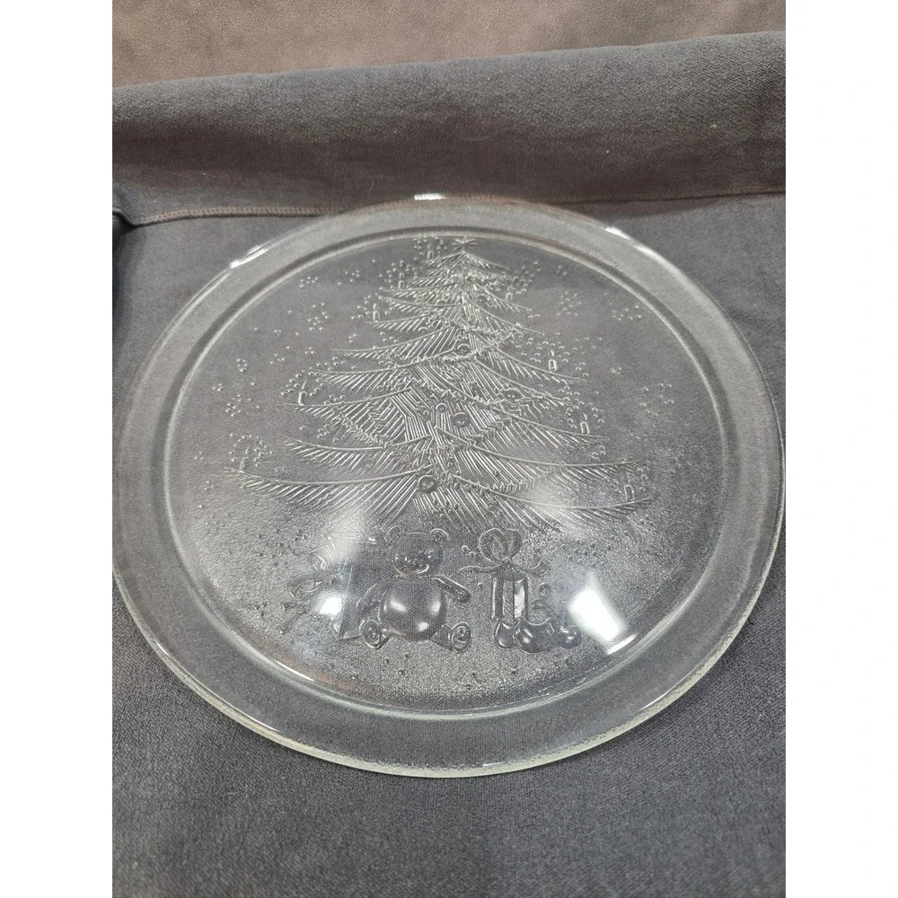 Vintage Clear Pressed Glass Christmas Tree Teddy Bear Serving Platter Tray 13